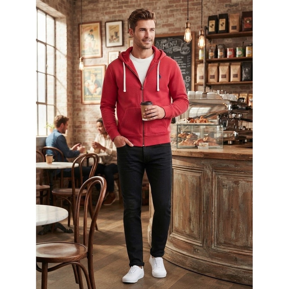 Polo Ralph Lauren Mens Red Full Zip Fleece Hoodie Sweatshirt Size M Pony Logo
